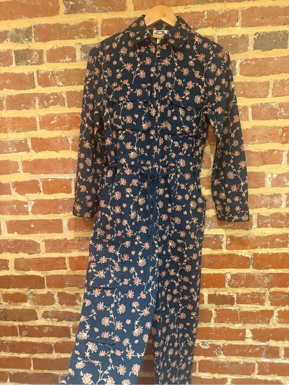 Jumpsuit w/ Pockets - Women's Navy Floral Jumpsuit with Drawstring Waist